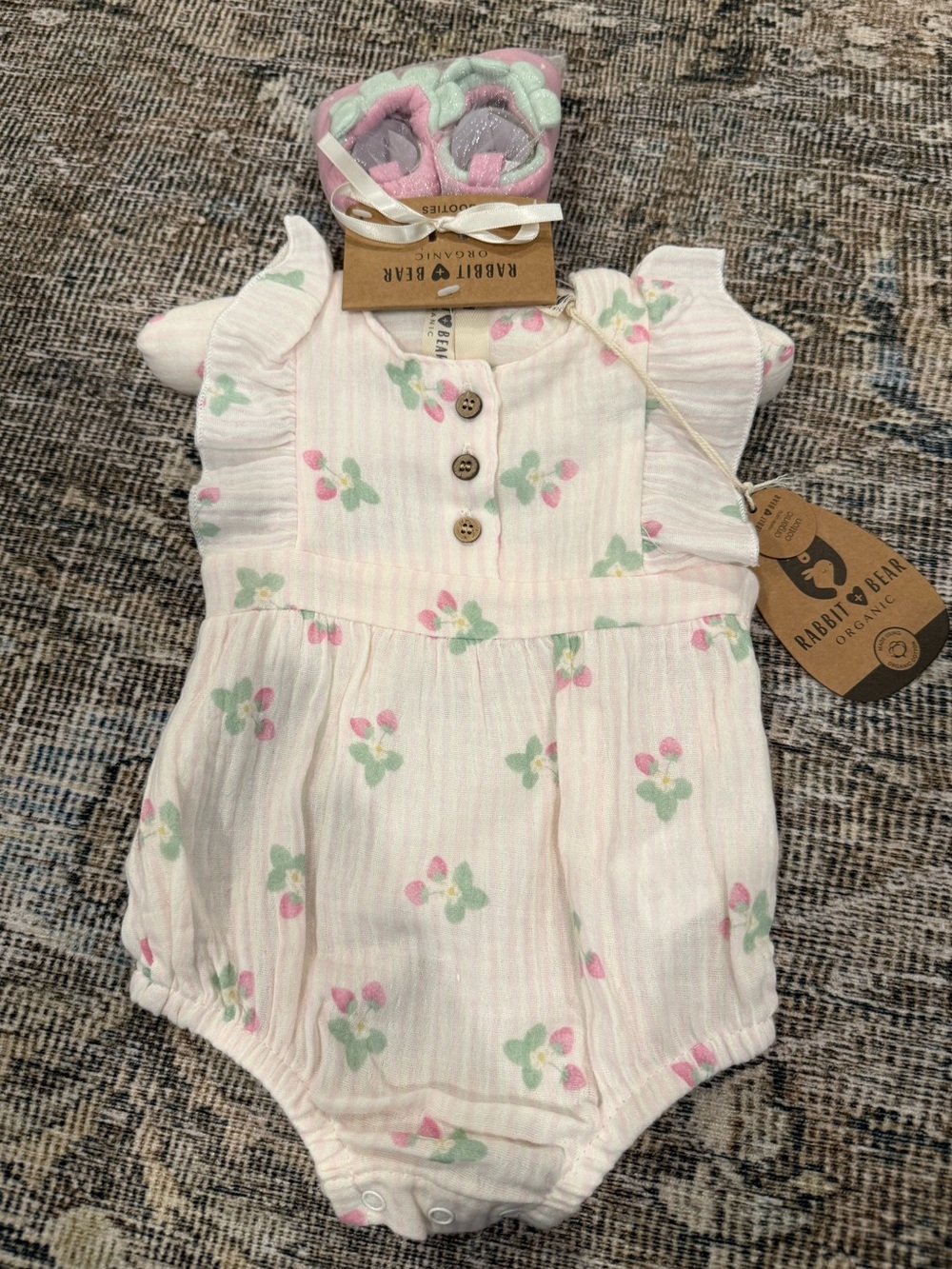 Rabbit & Bear Organic Pink Berry Baby Romper with Strawberry Booties - Picture 2 of 4
